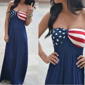 Stretchy Boho US Flag Stars Print Tube Strapless Beach Maxi Dress Medium